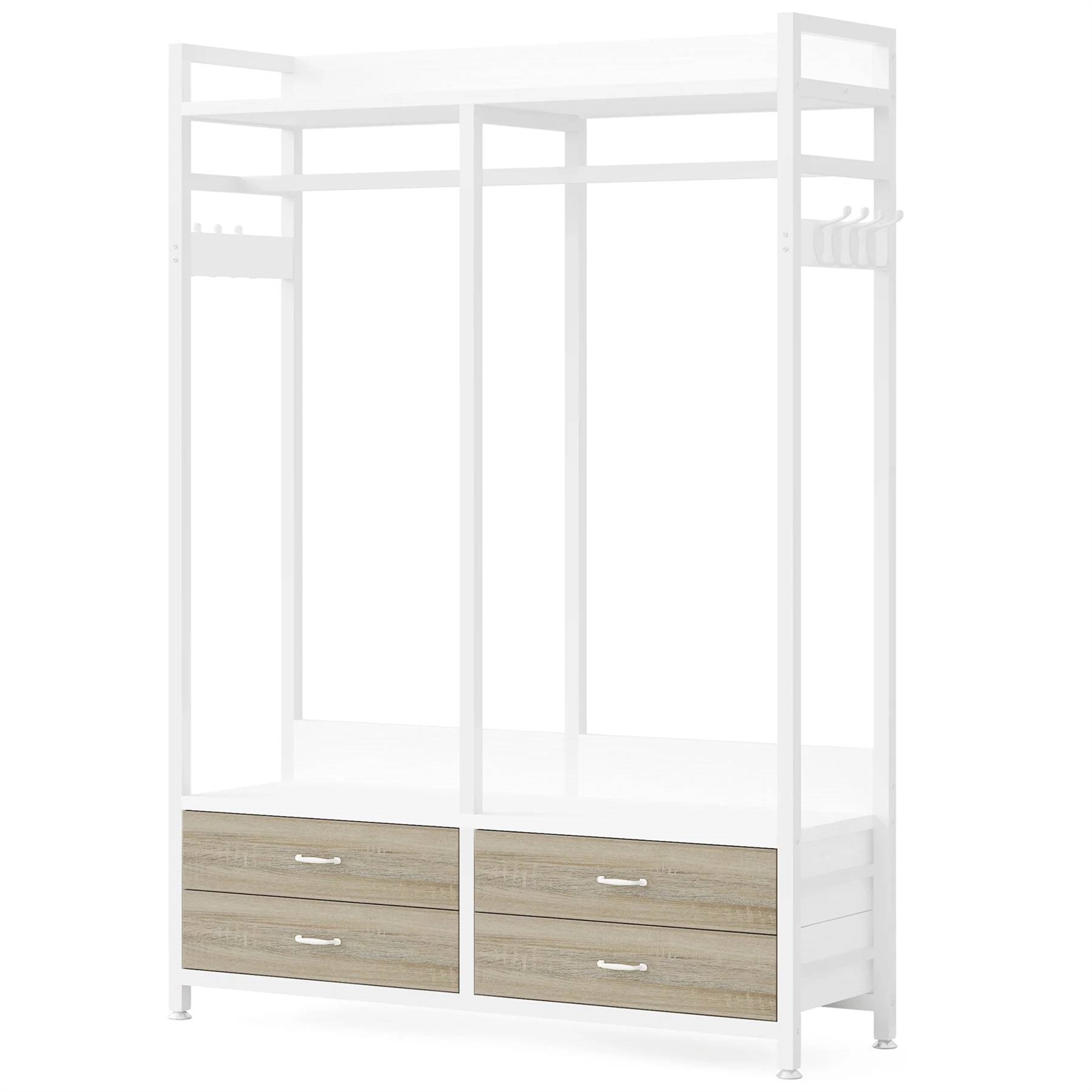 Freestanding White Oak Garment Rack Clothes Hanging Rod with 4 Storage Drawers thumbnail 3