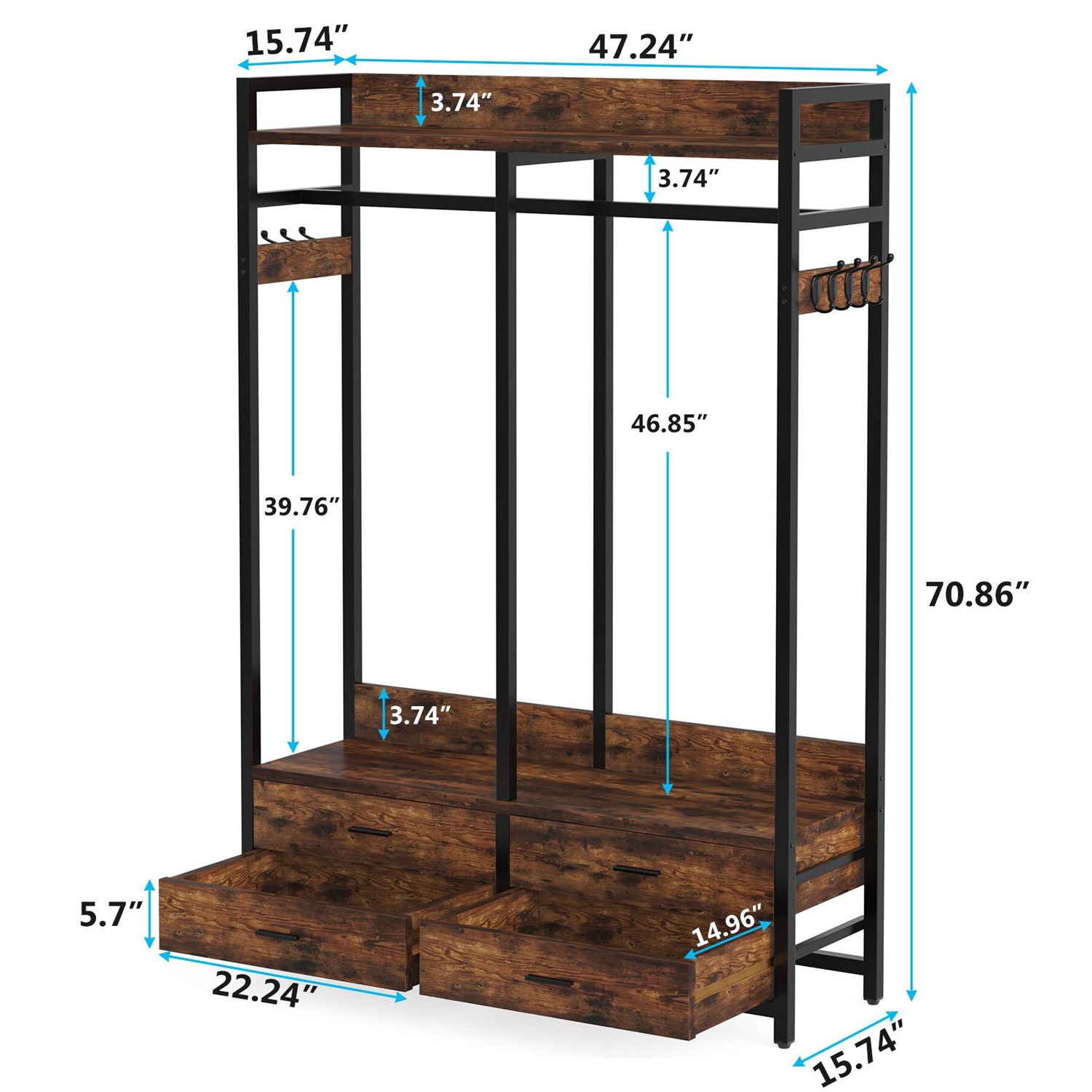 Heavy Duty Brown Black Garment Rack Clothes Hanging Rod with 4 Storage Drawers thumbnail 3