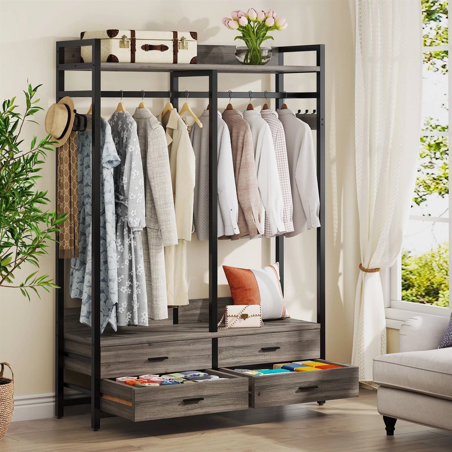 Modern Grey Black Garment Rack with Clothes Hanging Rod and 4 Storage Drawers thumbnail 3