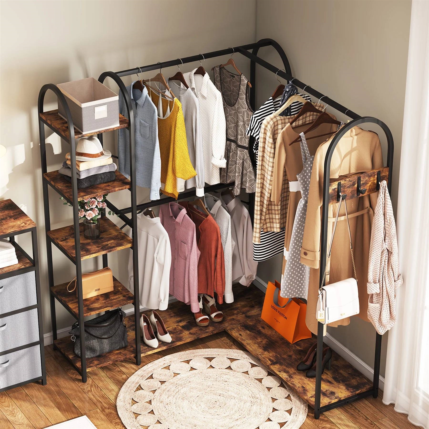 Corner L-Shaped Garment Rack with Clothing Hanging Rods and Storage Shelves thumbnail 3
