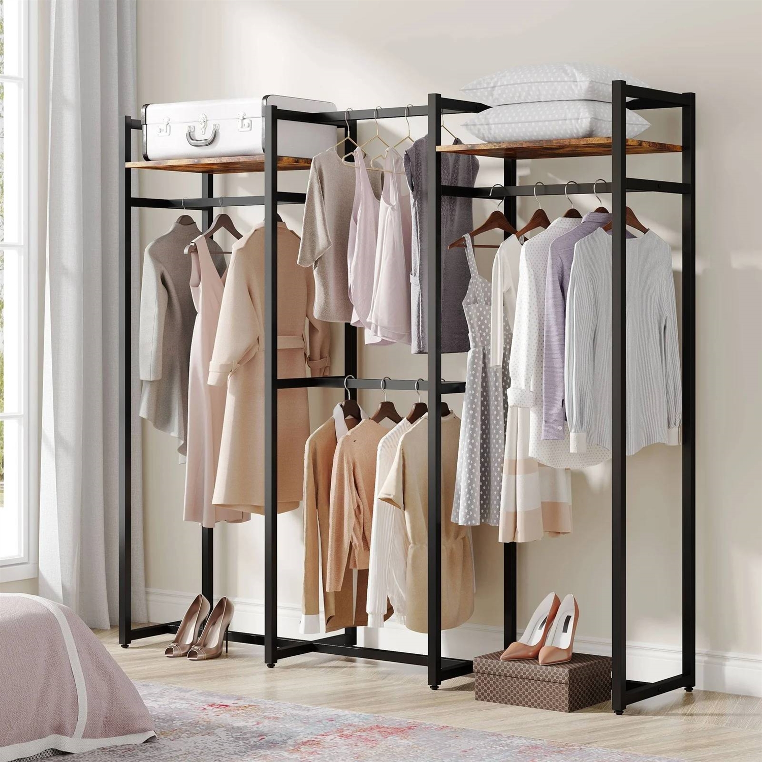 Black Metal Garment Rack with 4 Clothes Hanging Rods and 2 Wood Storage Shelves thumbnail 3