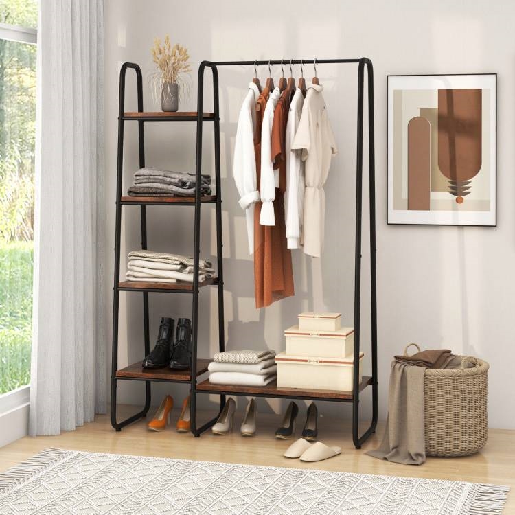 Industrial Wood Metal Garment Rack Clothes Hanging Bar with Storage Shelves thumbnail 3