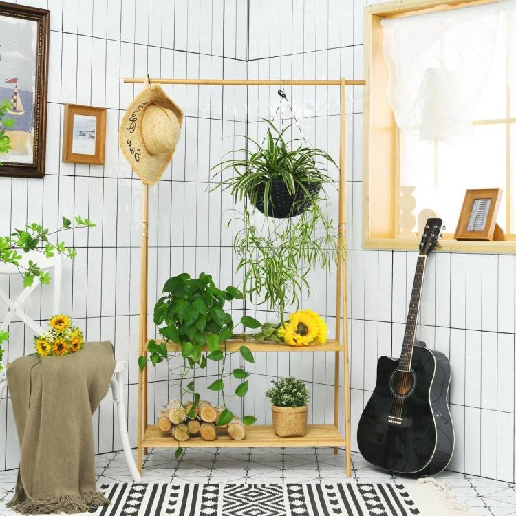 Entryway Bedroom Wood Garment Clothes Hanging Rack with 2 Bottom Storage Shelves thumbnail 3