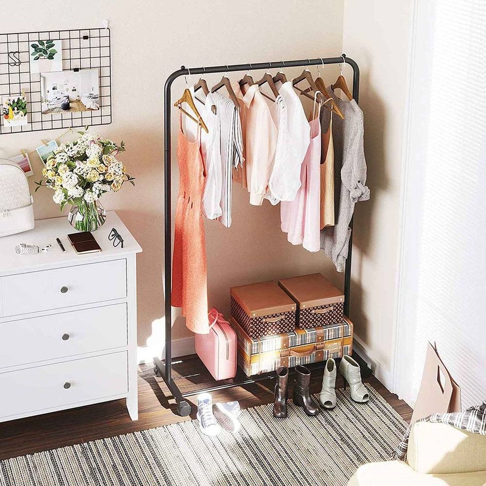 Simple Black Steel Tube Rolling Garment Clothes Rack with Bottom Mesh Shelf thumbnail 3