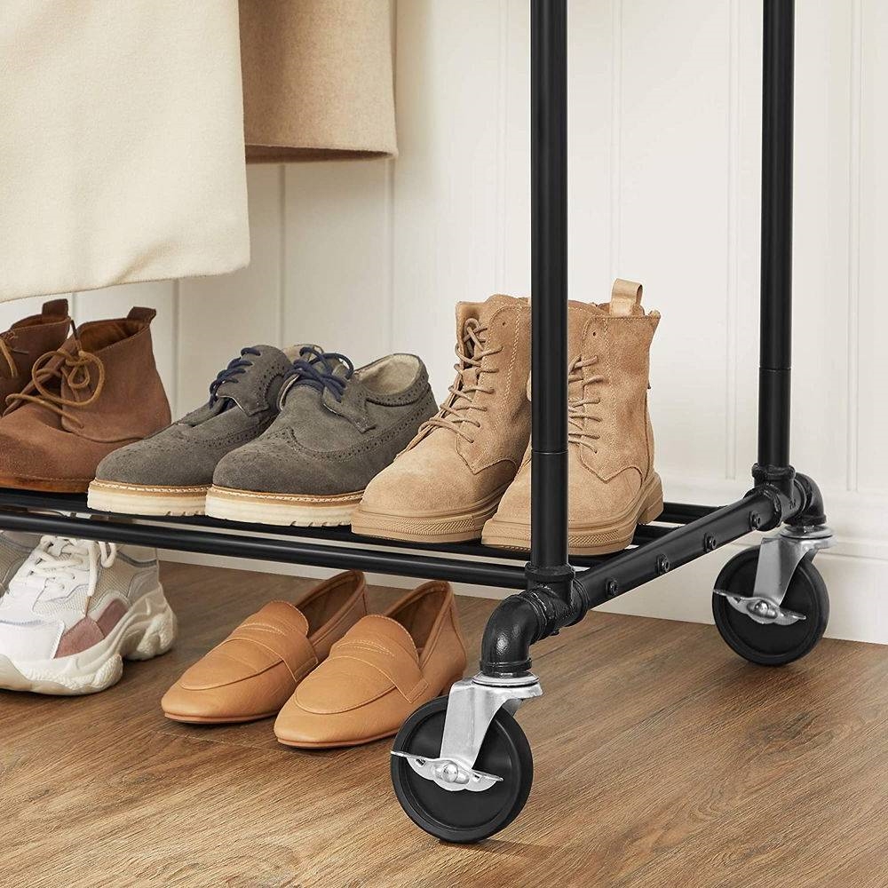 Heavy Duty Rustic Pipe Black Double-Rail Clothes Garment Rack w/ Locking Wheels thumbnail 3