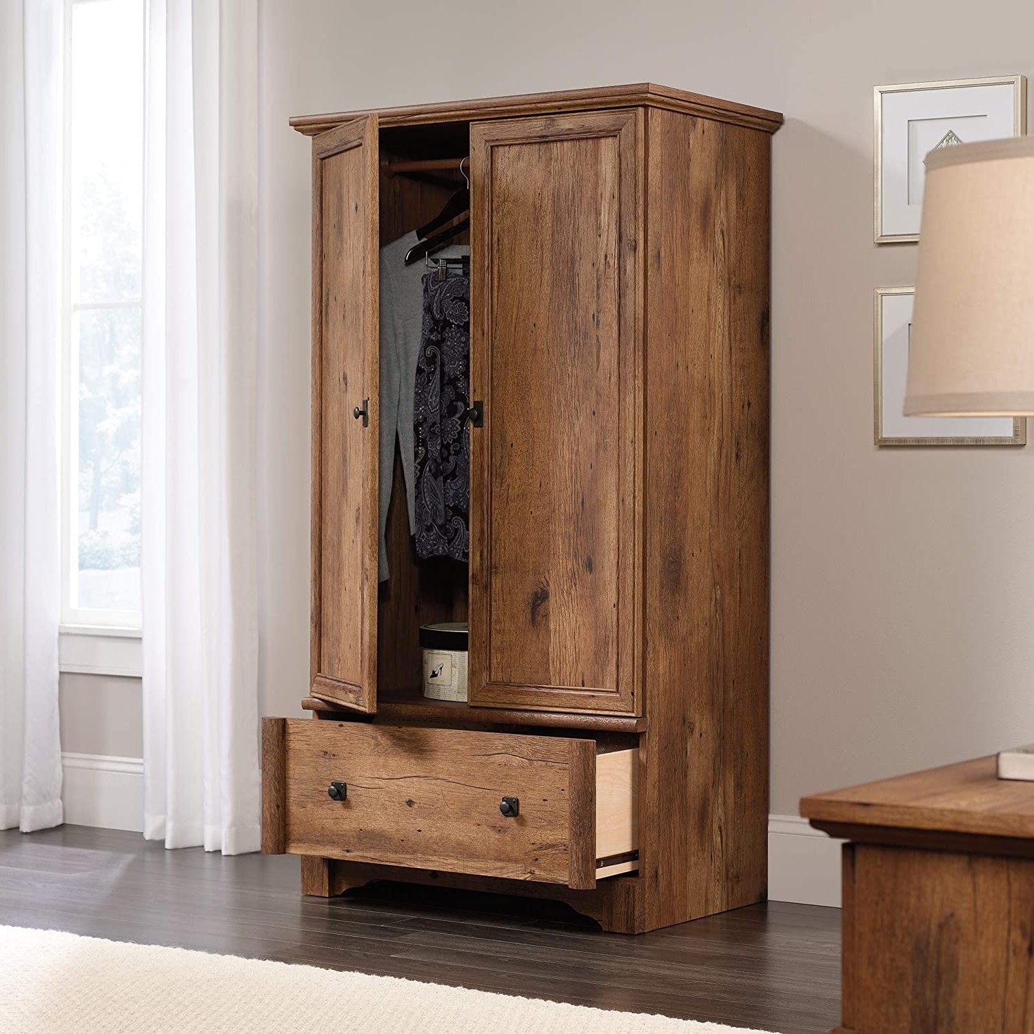 Rustic Oak Drawer and Garment Rod Wardrobe Armoire thumbnail 3