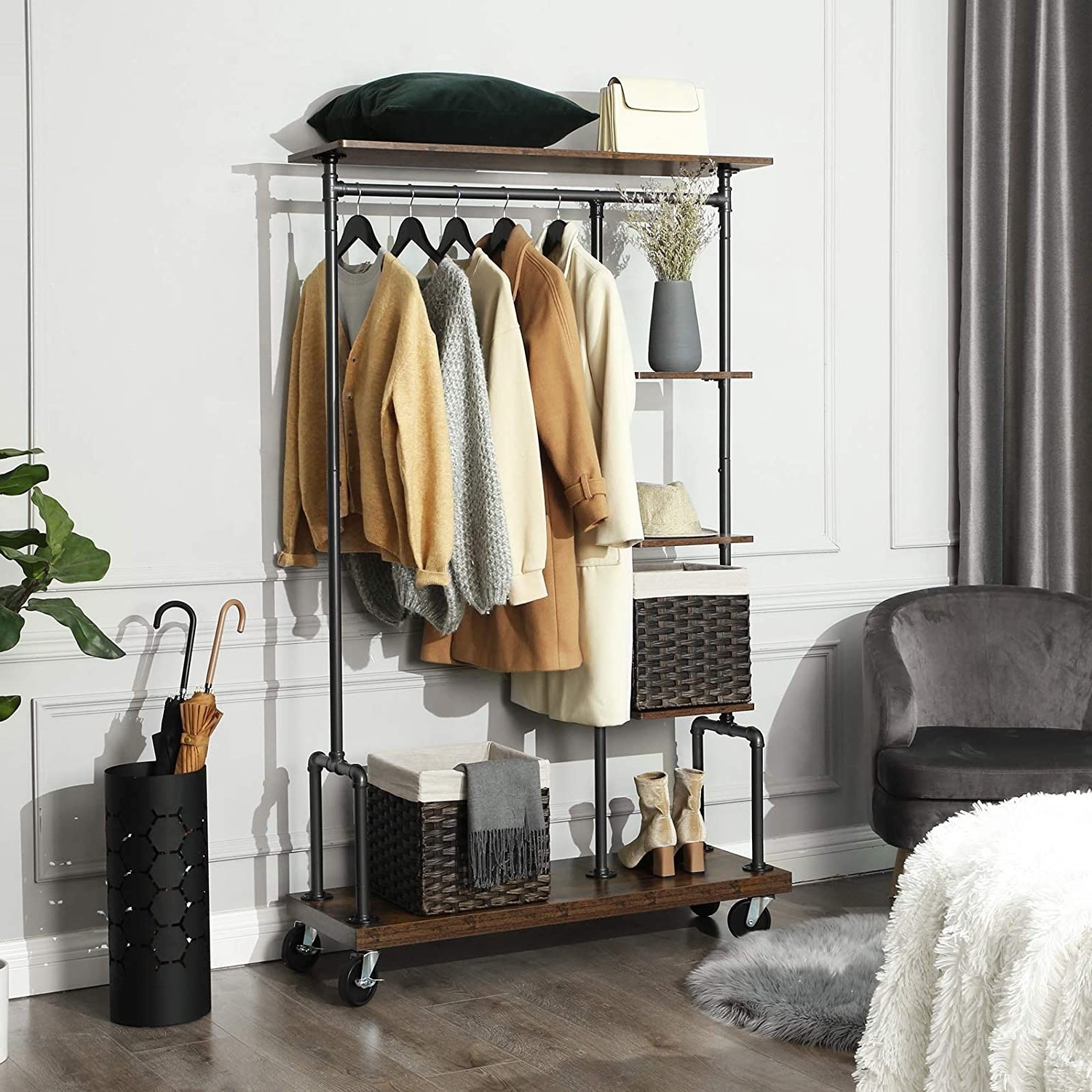 Farmhouse 5 Tier Laundry Pipe Garment Closet Rack Wheels thumbnail 3