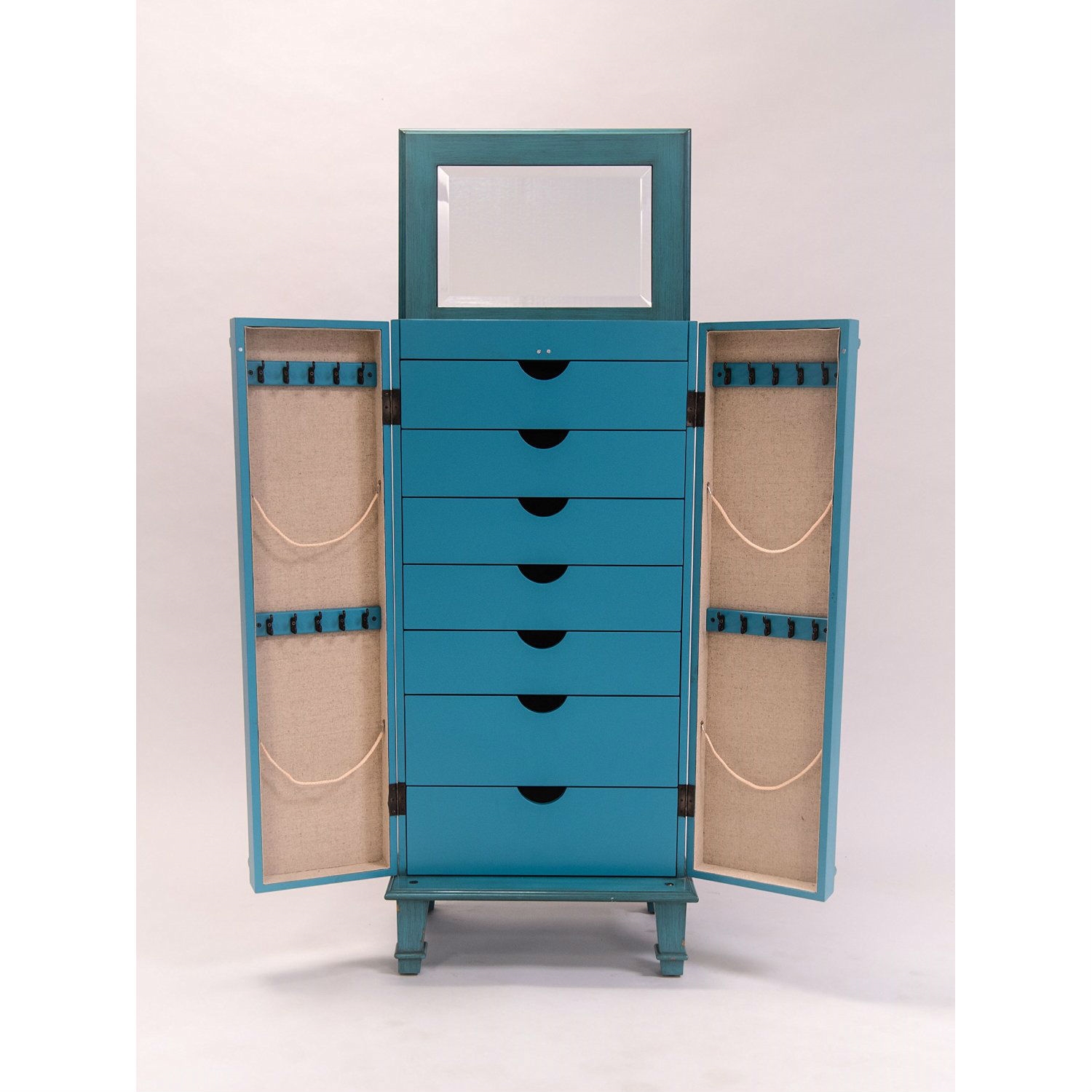 Vintage Turquoise Hand Painted Jewelry Armoire with Antique Drawer Pulls thumbnail 3