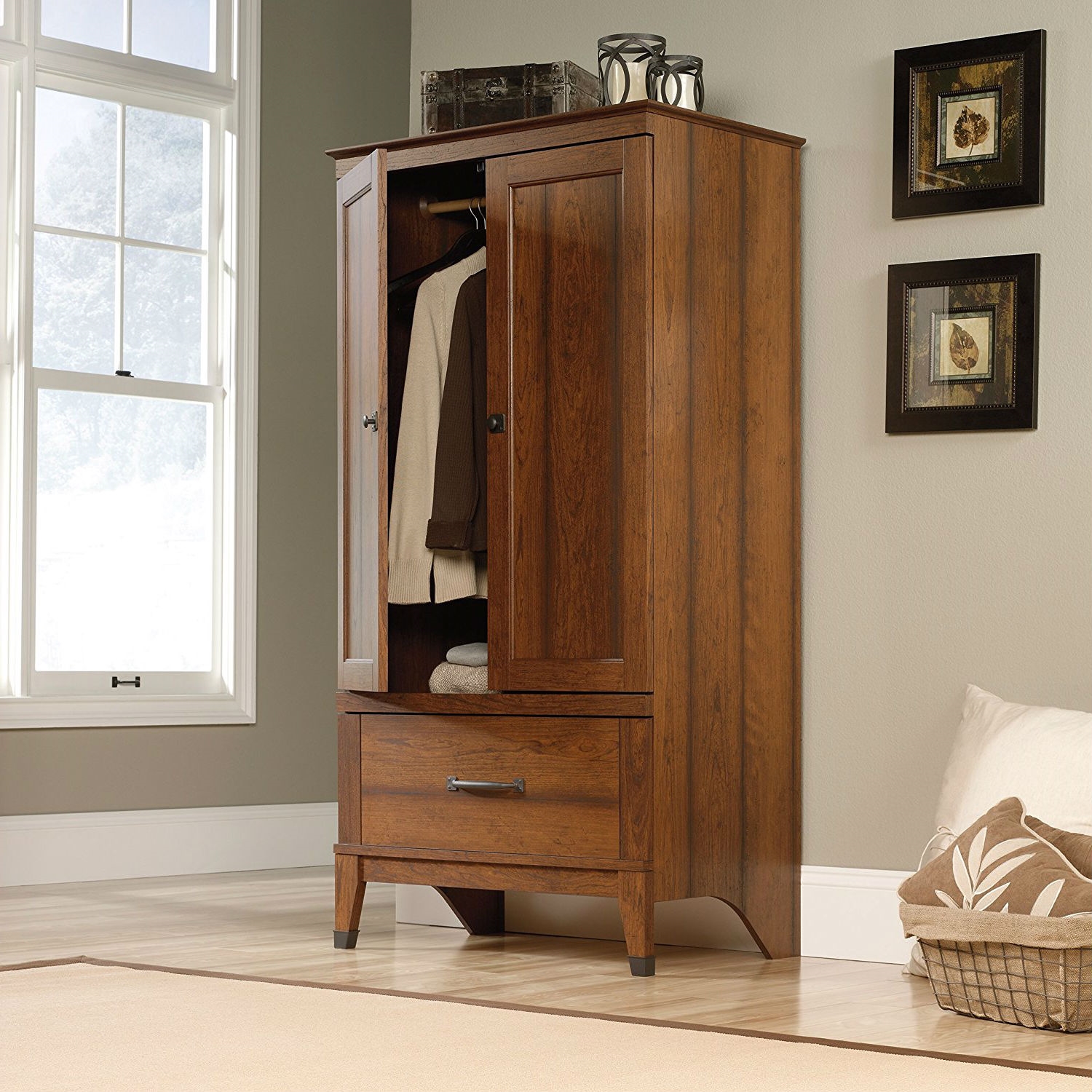 Bedroom Wardrobe Cabinet Storage Armoire in Medium Brown Cherry Wood Finish thumbnail 3