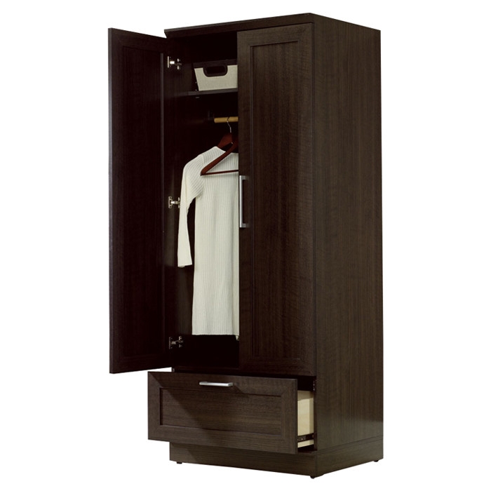Dark Brown Wood Wardrobe Cabinet Armoire with Garment Rod thumbnail 3