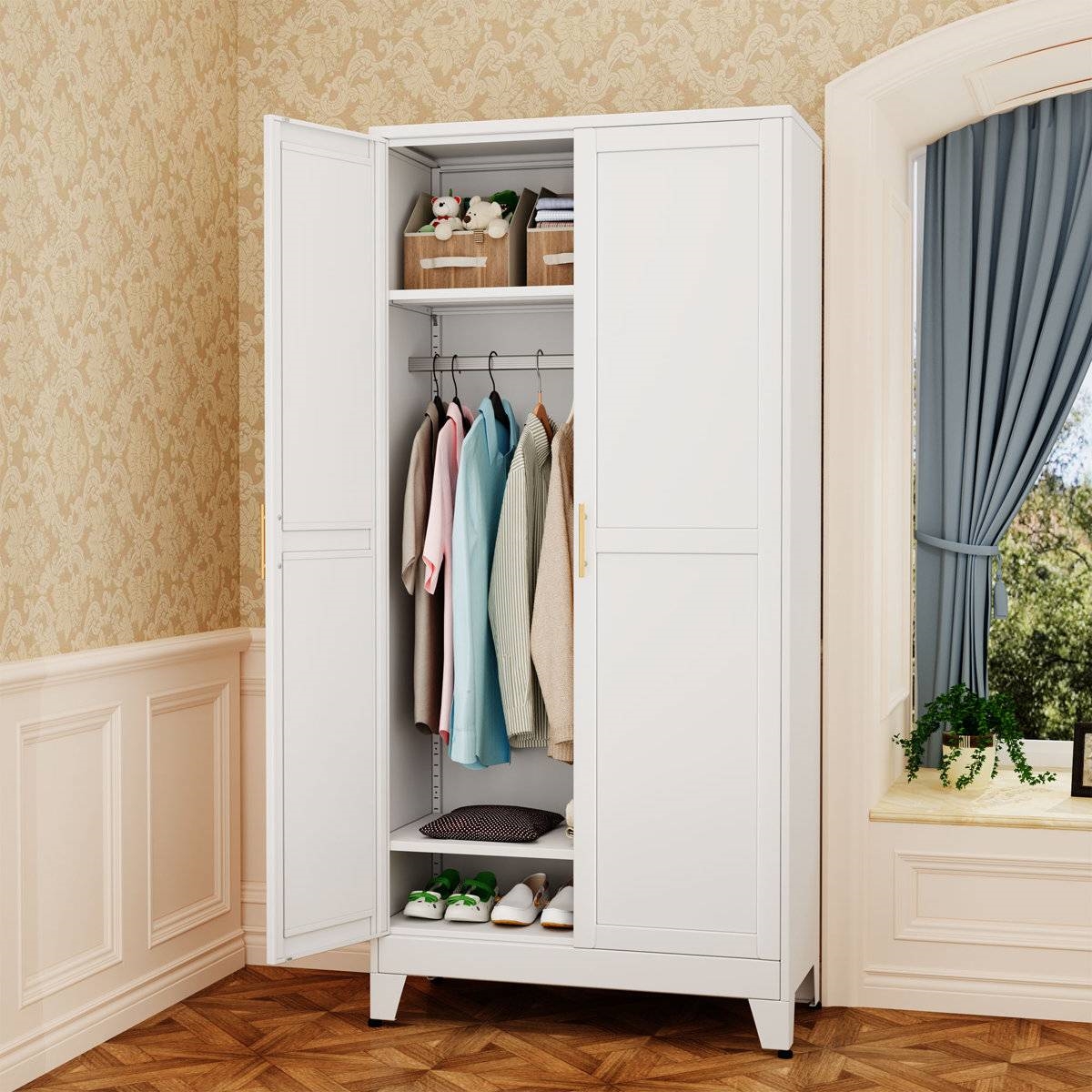 White Metal Multifunctional Storage Armoire Wardrobe Closet thumbnail 4