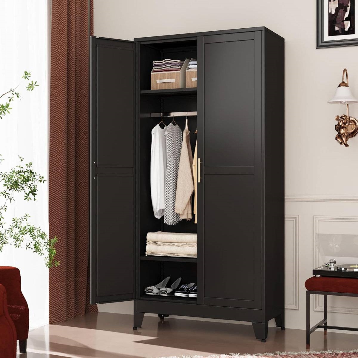 Black Metal Multifunctional Storage Armoire Wardrobe Closet thumbnail 4