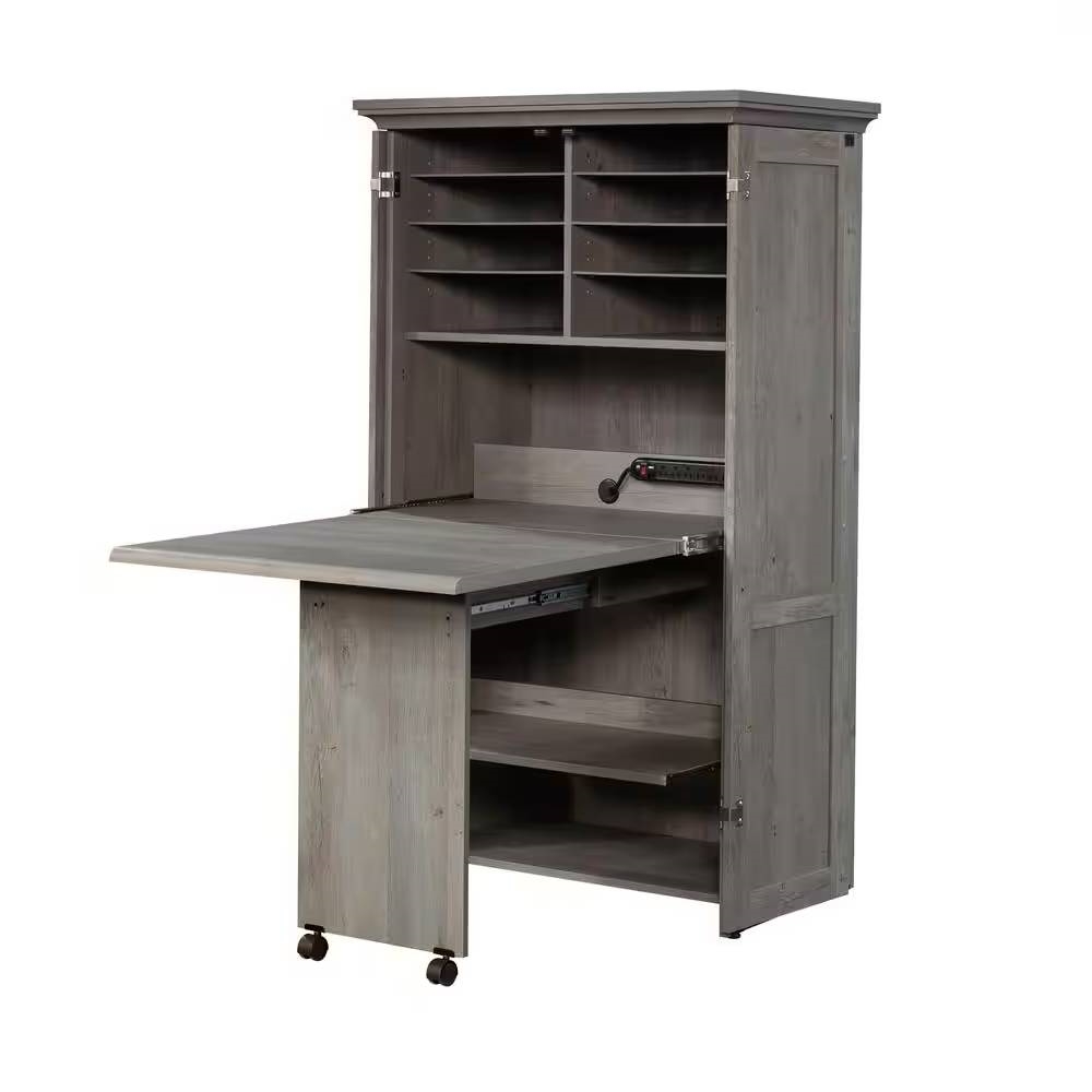 Armoire with Drop Leaf Laptop Desk Craft Table in Grey Oak Finish - Made in USA thumbnail 4
