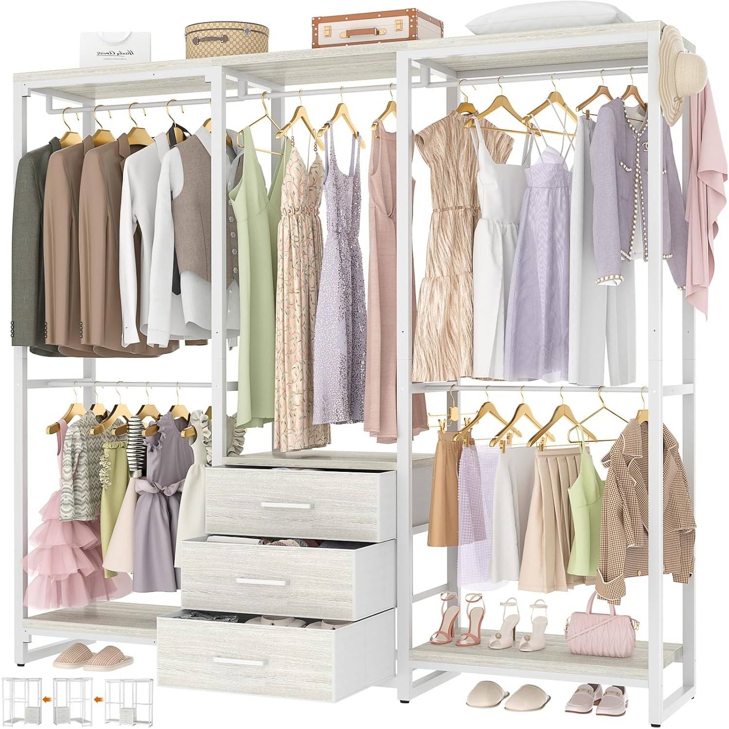 Heavy Duty White Metal Freestanding Garment Rack Closet Wardrobe with 3 Drawers thumbnail 4