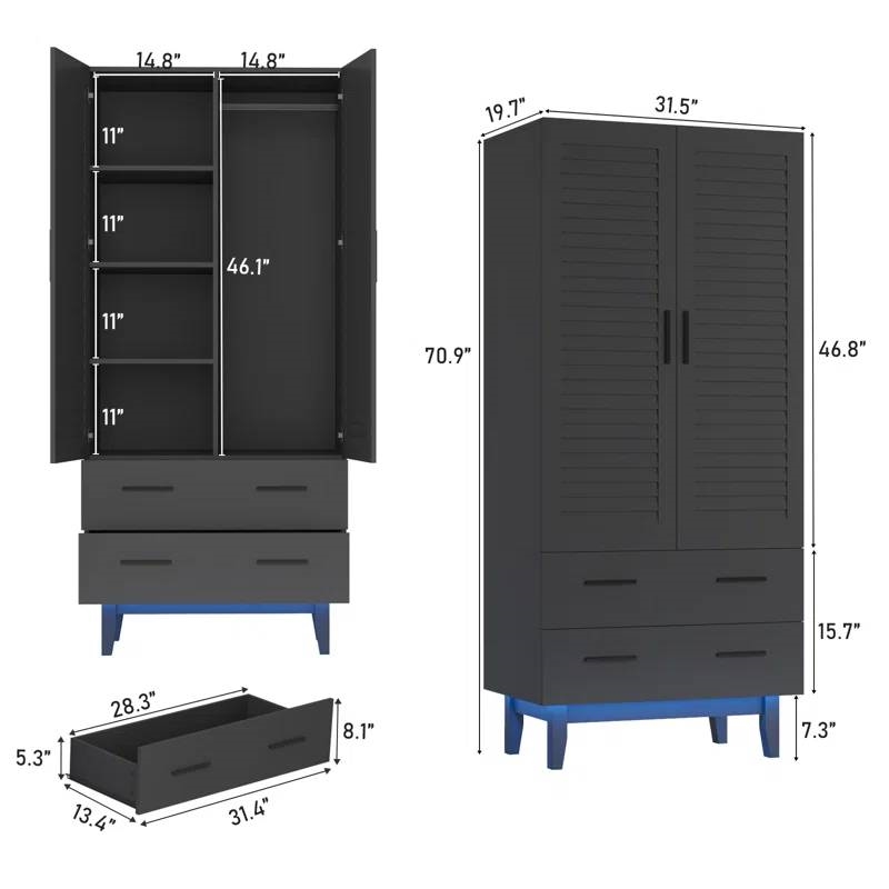 Matte Black Mid-Century Wardrobe Armoire with Louver Doors and LED Lights thumbnail 4