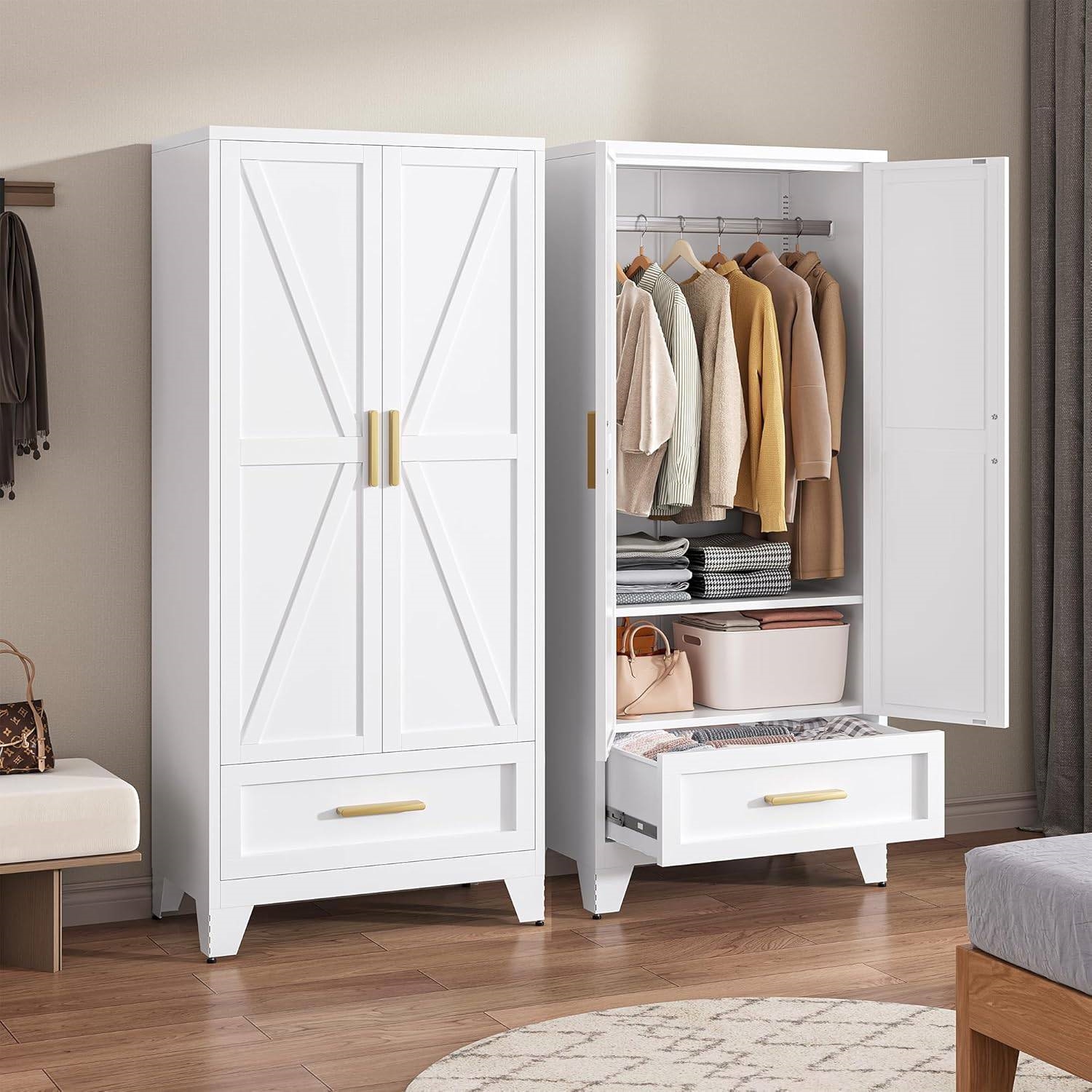 White 2-Door Wardrobe Armoire Cabinet with Storage Drawer and Hanging Rod thumbnail 4
