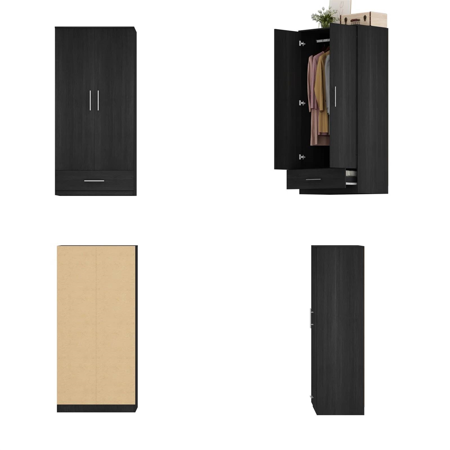 Modern Armoire Wardrobe Closet Cabinet with Storage Drawer in Black Wood Finish thumbnail 4