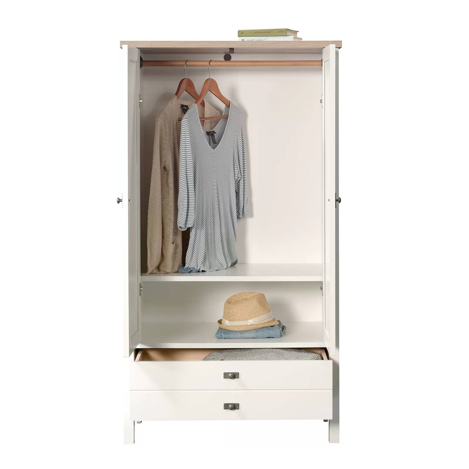 Farmhouse Bedroom Armoire Cabinet w/ Bottom Storage Drawer in White Wood Finish thumbnail 4