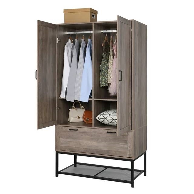 Modern 2-Door Bedroom Wardrobe Cabinet Armoire Shoe Rack in Retro Grey Finish thumbnail 4