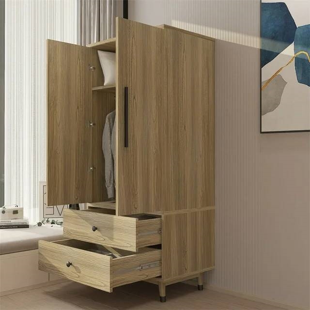 Mid-Century 2-Door Armoire Wardrobe Cabinet with Hanging Rail in Oak Finish thumbnail 4