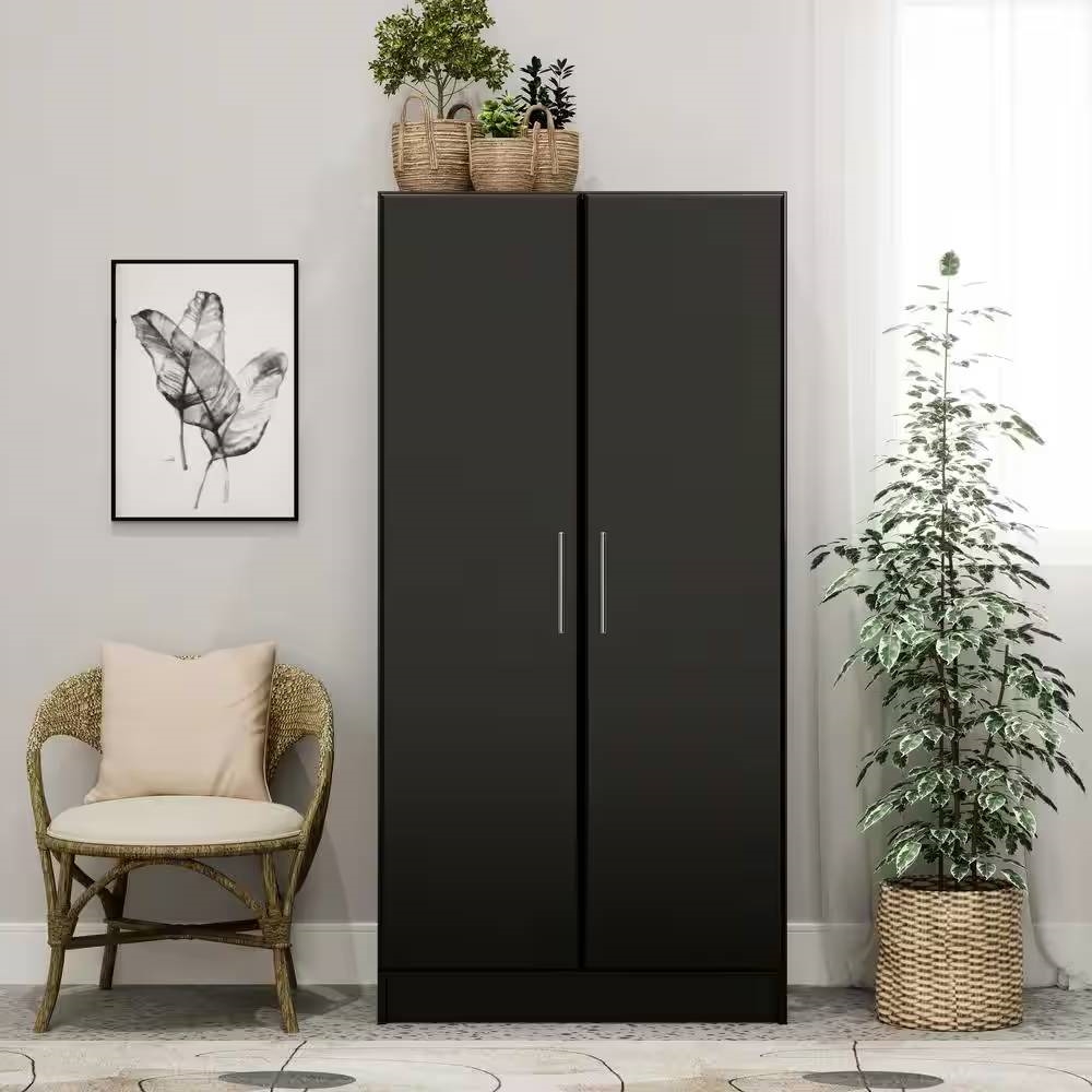 Black Freestanding Bedroom Cabinet Armoire Wardrobe Closet with Hanging Rail thumbnail 4