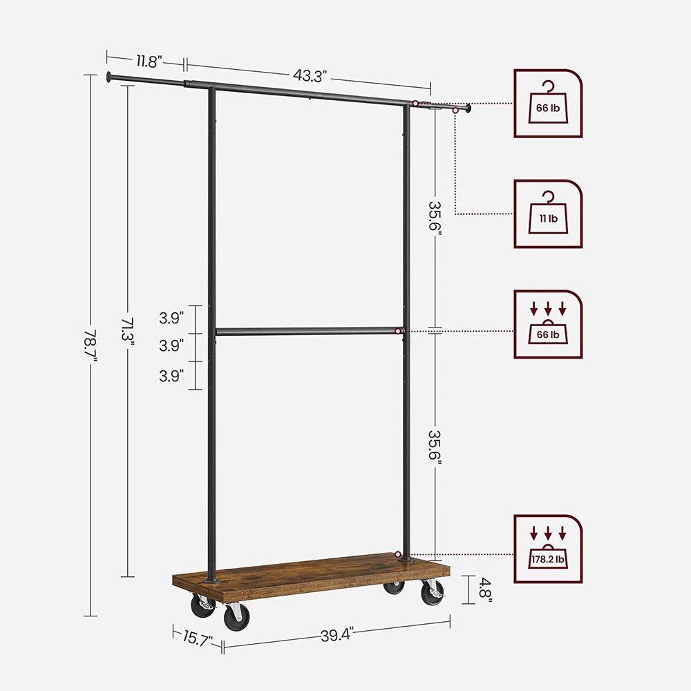 Industrial Style Clothing Garment Rack Double Clothes Hanging Bar on Wheels thumbnail 4