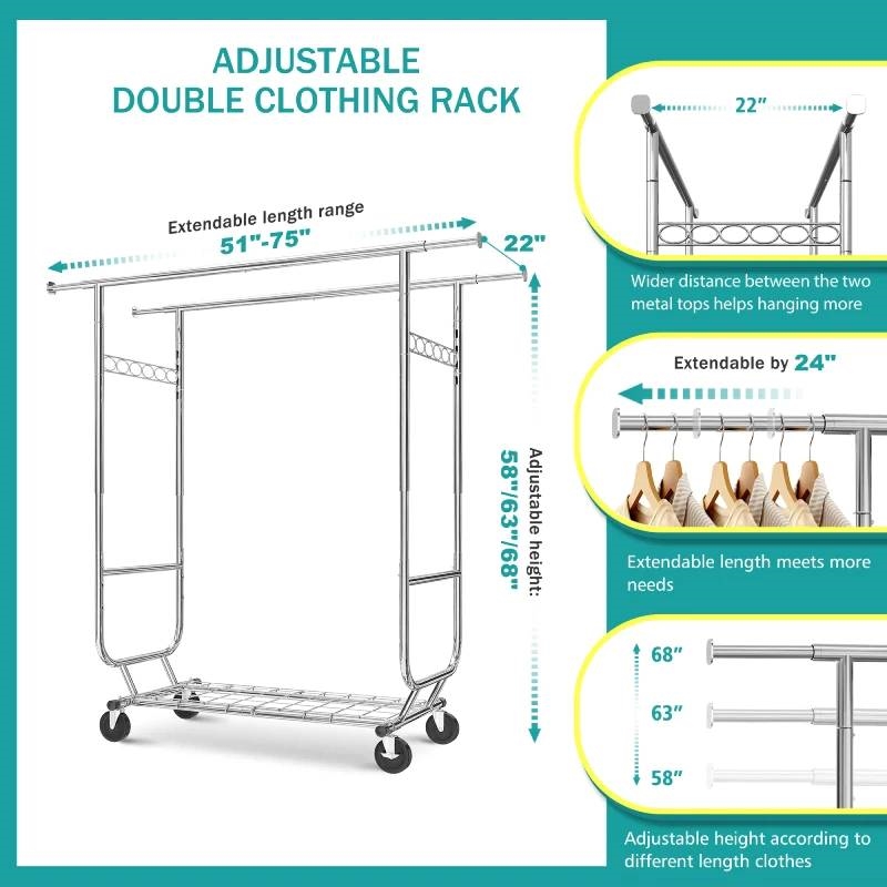 Heavy Duty Double Bar Clothes Garment Rack on Wheels - 600 lbs Capacity thumbnail 4