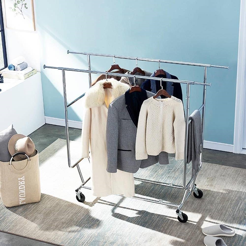 Heavy Duty Double Bar Clothes Hanging Garment Rack on Lockable Wheels thumbnail 4