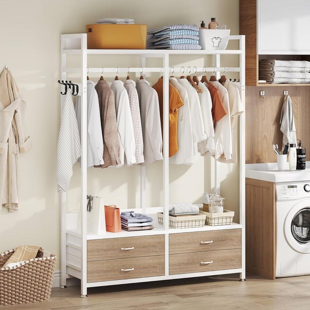 Freestanding White Oak Garment Rack Clothes Hanging Rod with 4 Storage Drawers thumbnail 4