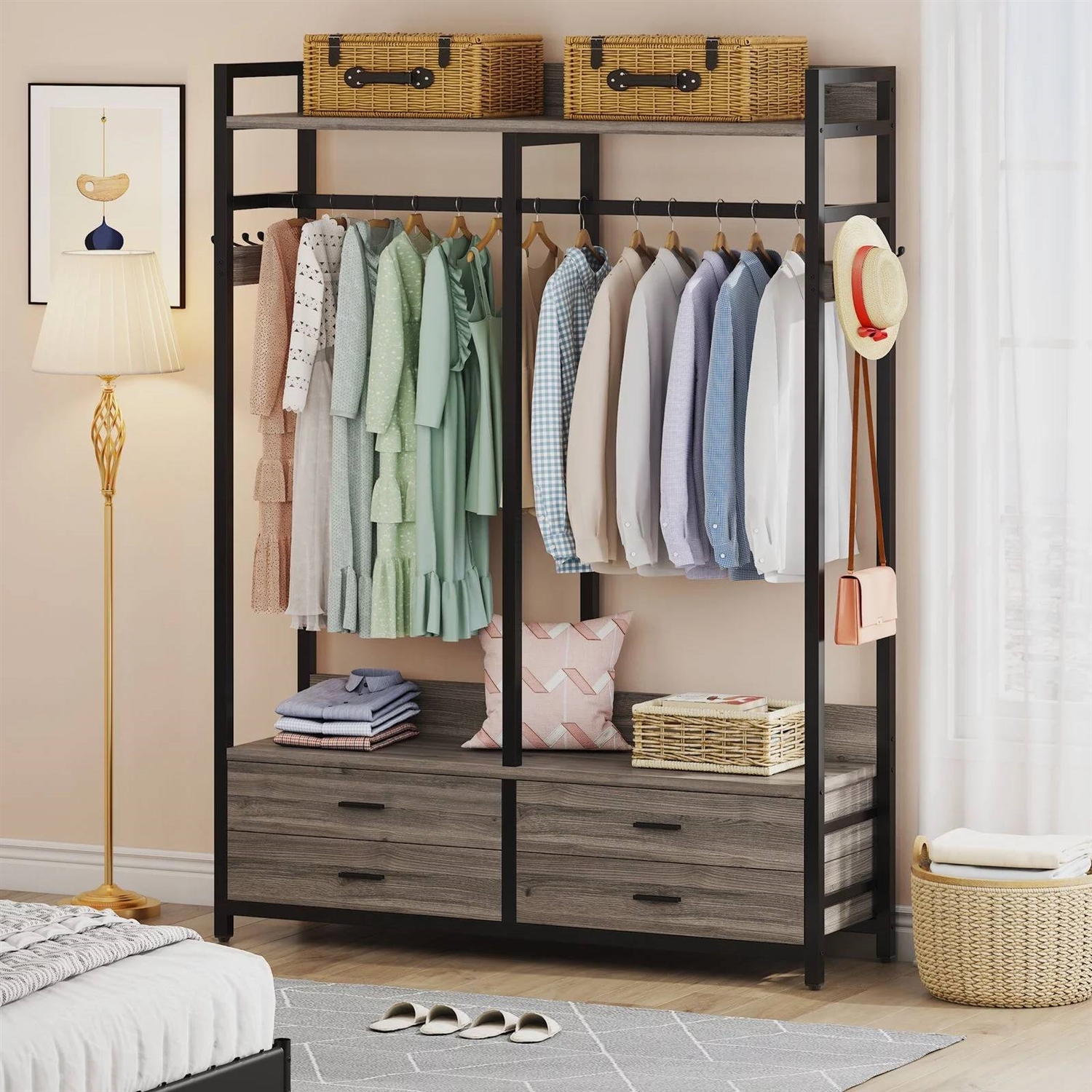 Modern Grey Black Garment Rack with Clothes Hanging Rod and 4 Storage Drawers thumbnail 4