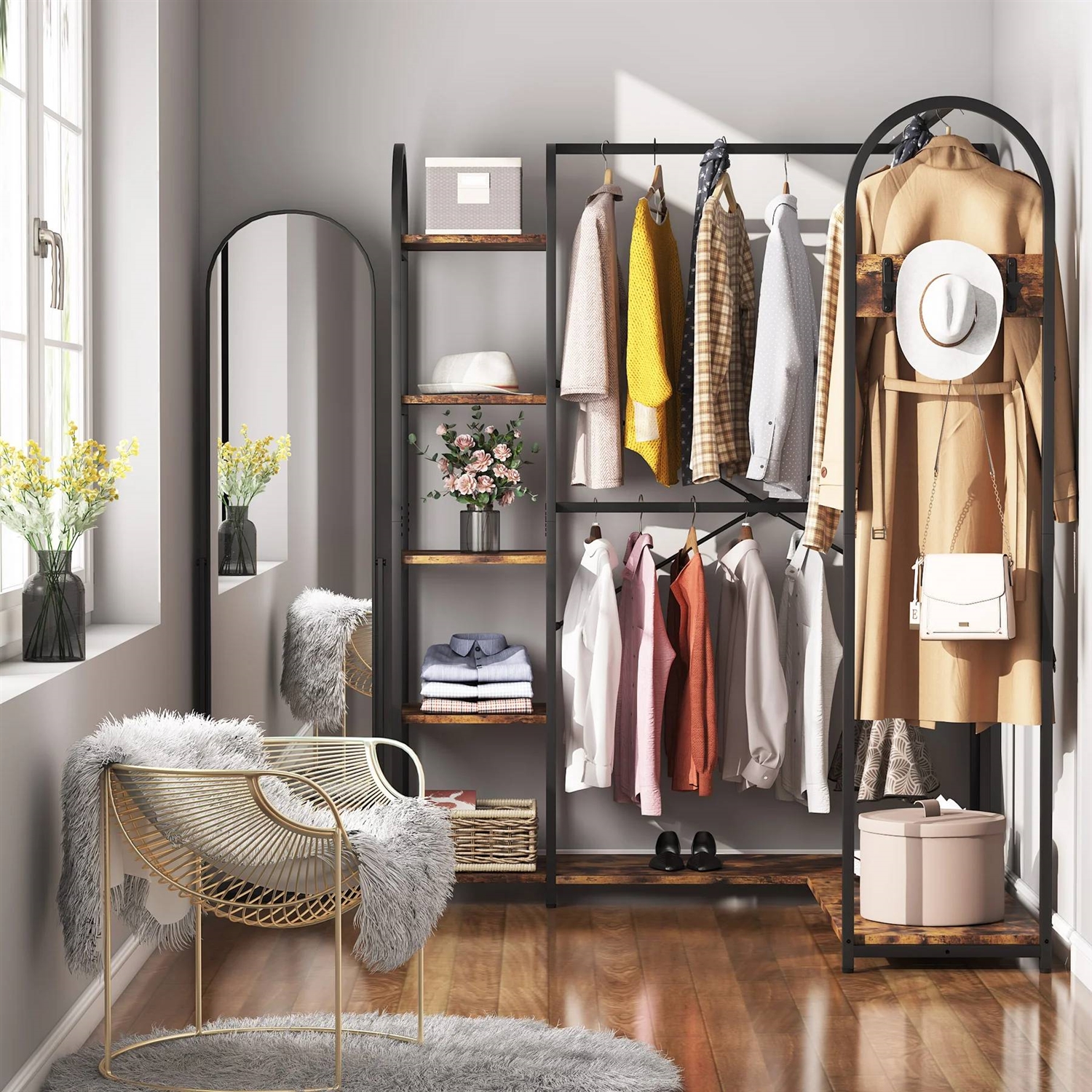 Corner L-Shaped Garment Rack with Clothing Hanging Rods and Storage Shelves thumbnail 4