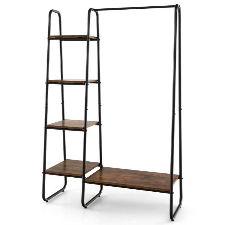 Industrial Wood Metal Garment Rack Clothes Hanging Bar with Storage Shelves thumbnail 4