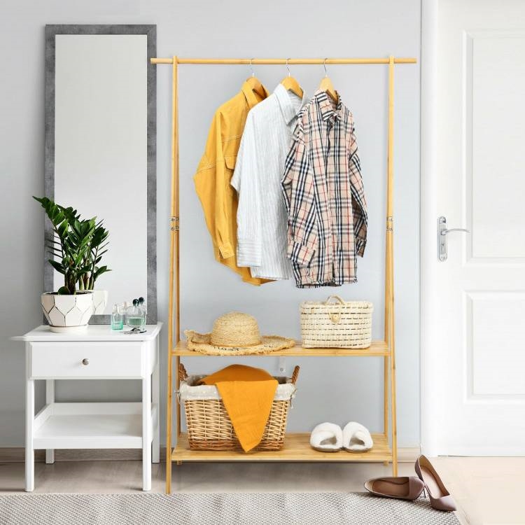 Entryway Bedroom Wood Garment Clothes Hanging Rack with 2 Bottom Storage Shelves thumbnail 4