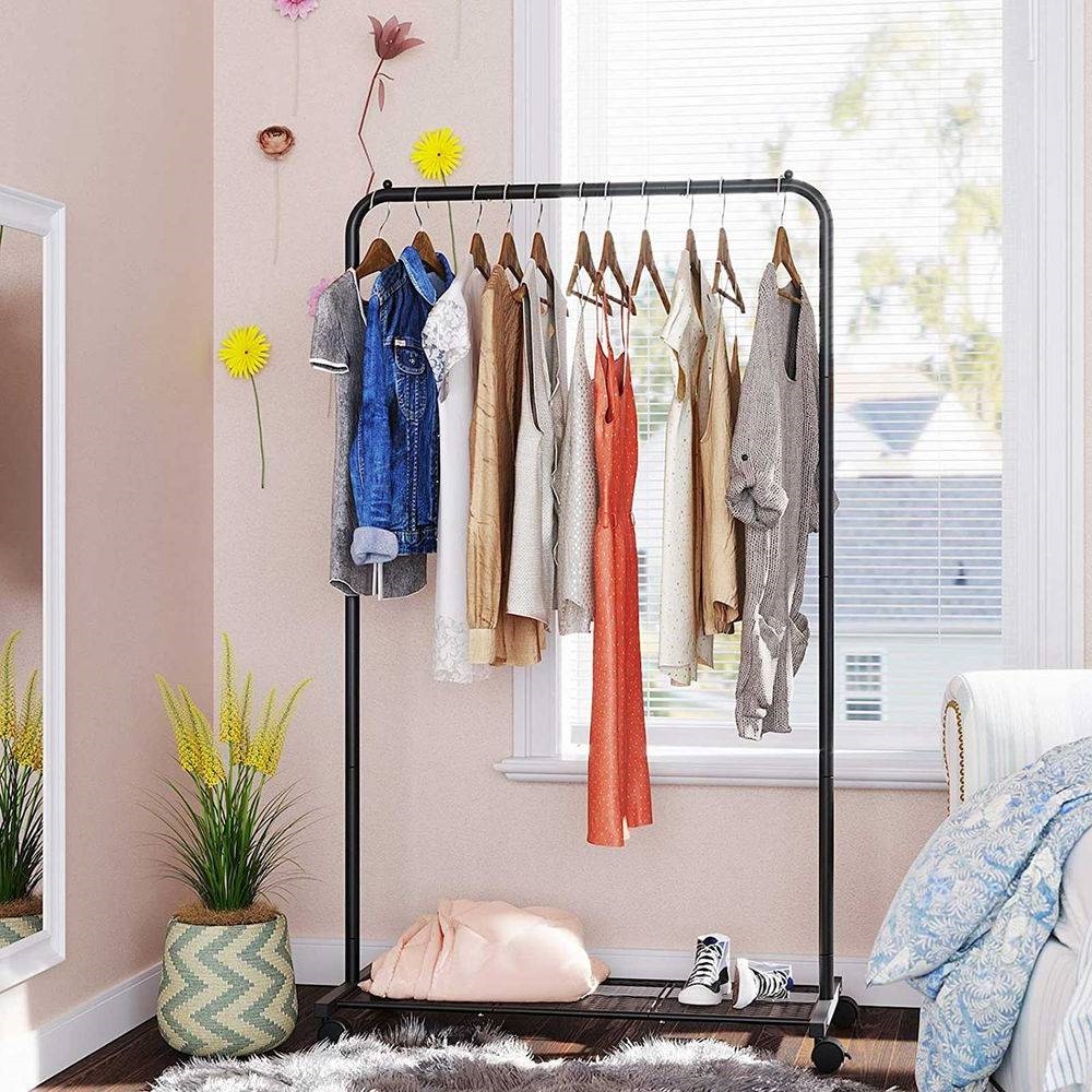 Simple Black Steel Tube Rolling Garment Clothes Rack with Bottom Mesh Shelf thumbnail 4