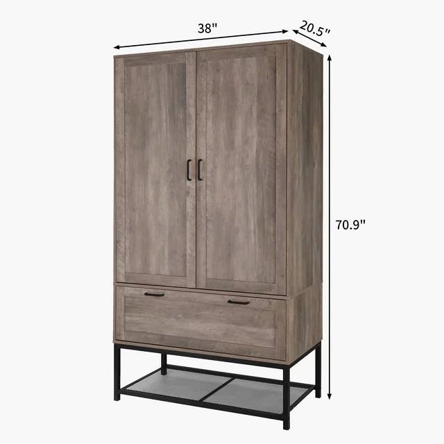 Modern 2-Door Bedroom Wardrobe Cabinet Armoire Shoe Rack in Retro Grey Finish thumbnail 5