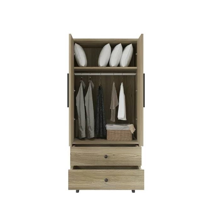 Mid-Century 2-Door Armoire Wardrobe Cabinet with Hanging Rail in Oak Finish thumbnail 5