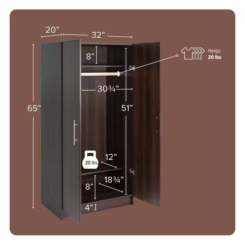 Bedroom Armoire Wardrobe Cabinet Closet with Hanging Rail in Brown Wood Finish thumbnail 5