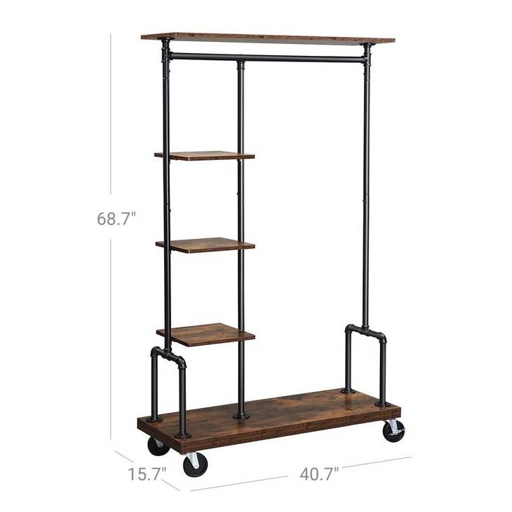 Industrial Metal Pipe Garment Rack with Wood Storage Shelves on Wheels thumbnail 5