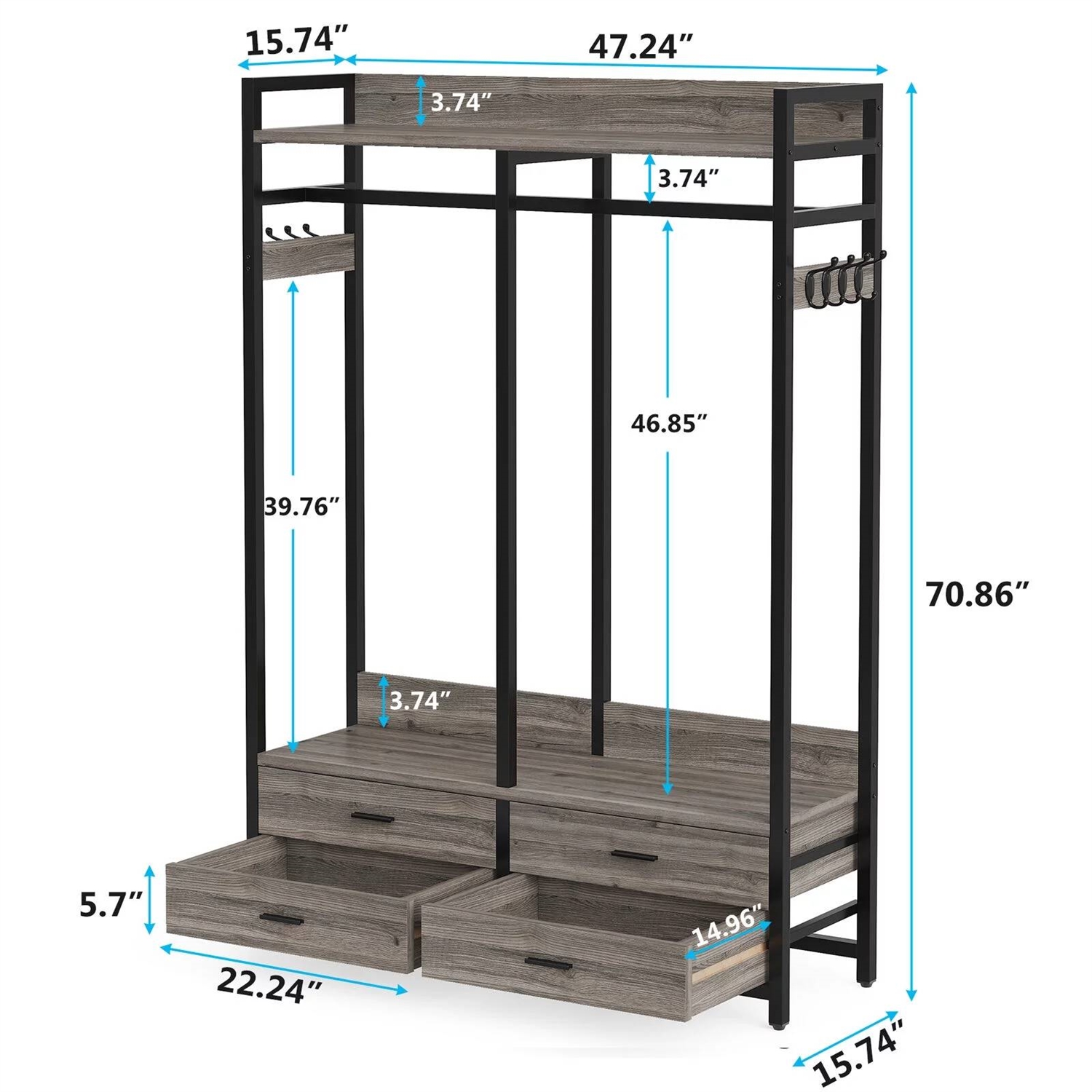 Modern Grey Black Garment Rack with Clothes Hanging Rod and 4 Storage Drawers thumbnail 5
