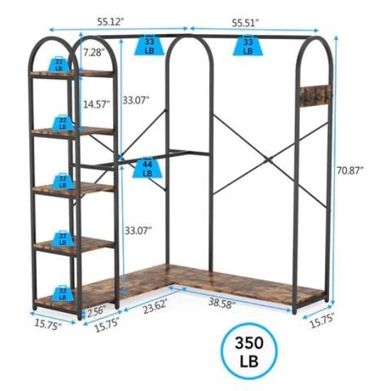 Corner L-Shaped Garment Rack with Clothing Hanging Rods and Storage Shelves thumbnail 5