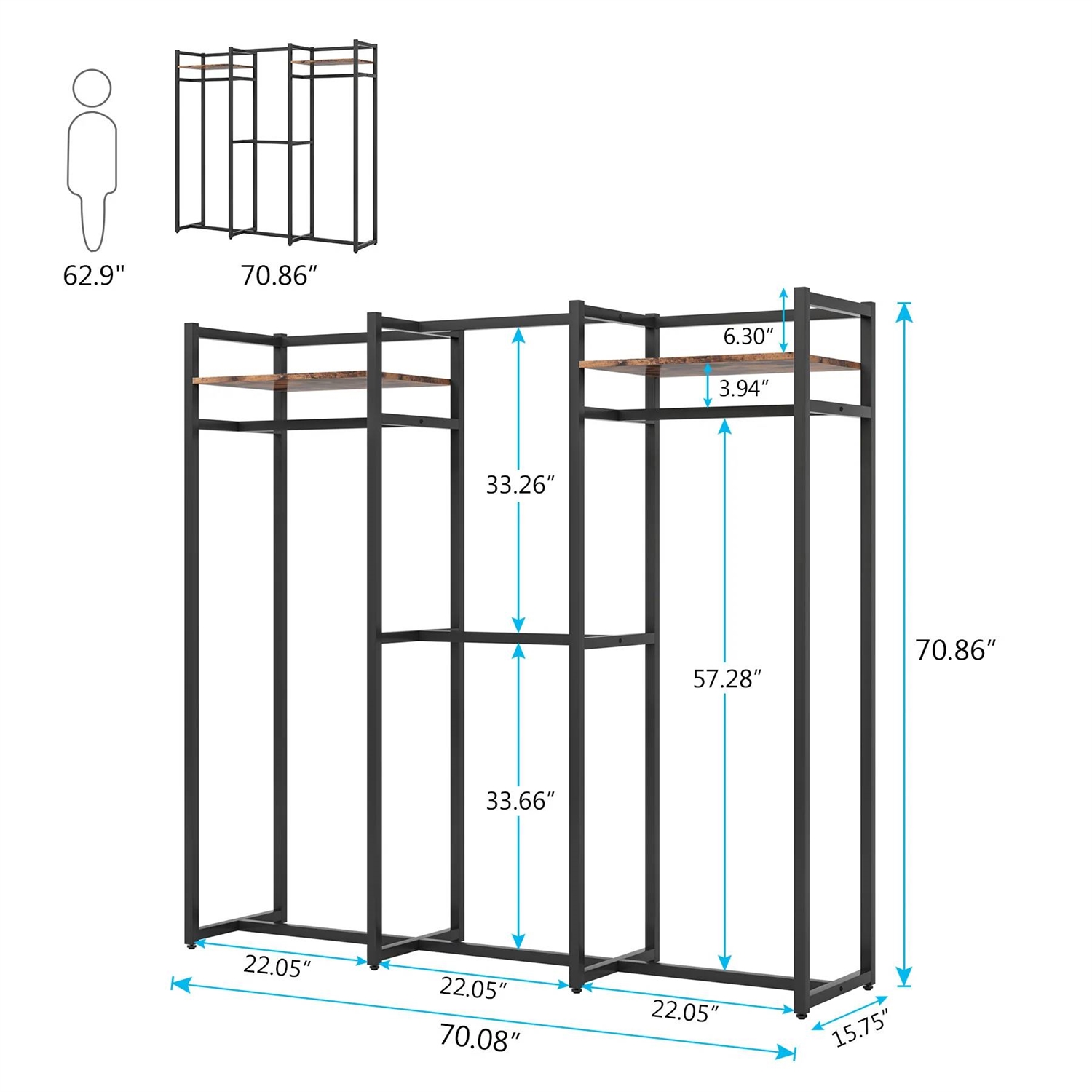 Black Metal Garment Rack with 4 Clothes Hanging Rods and 2 Wood Storage Shelves thumbnail 5