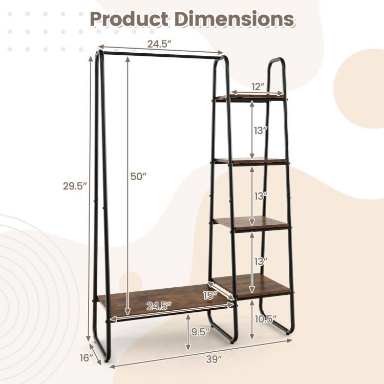 Industrial Wood Metal Garment Rack Clothes Hanging Bar with Storage Shelves thumbnail 5