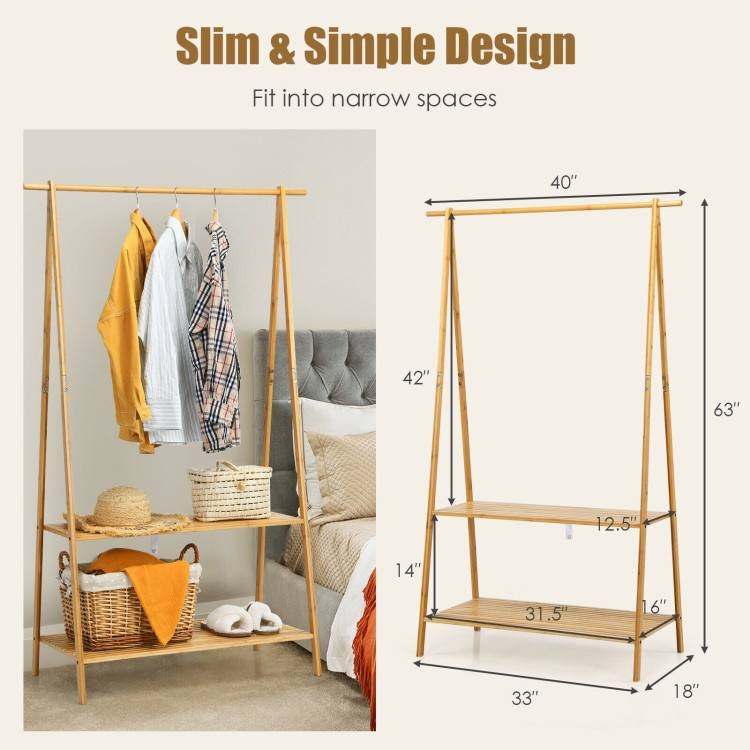 Entryway Bedroom Wood Garment Clothes Hanging Rack with 2 Bottom Storage Shelves thumbnail 5
