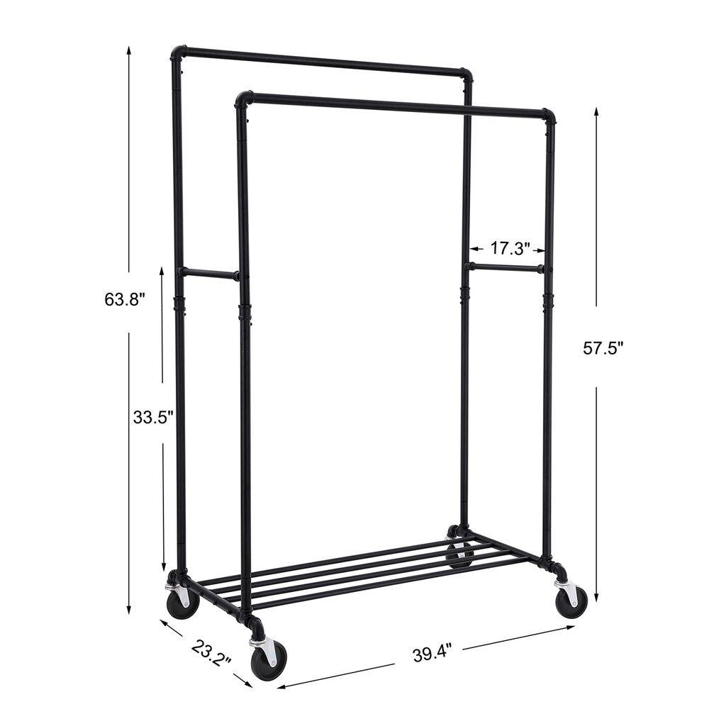 Heavy Duty Rustic Pipe Black Double-Rail Clothes Garment Rack w/ Locking Wheels thumbnail 5