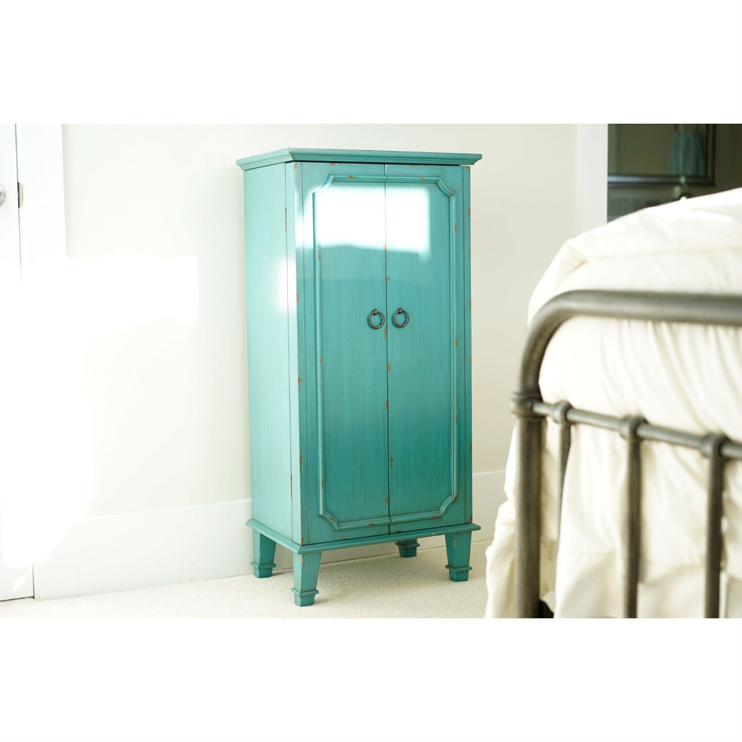 Vintage Turquoise Hand Painted Jewelry Armoire with Antique Drawer Pulls thumbnail 5