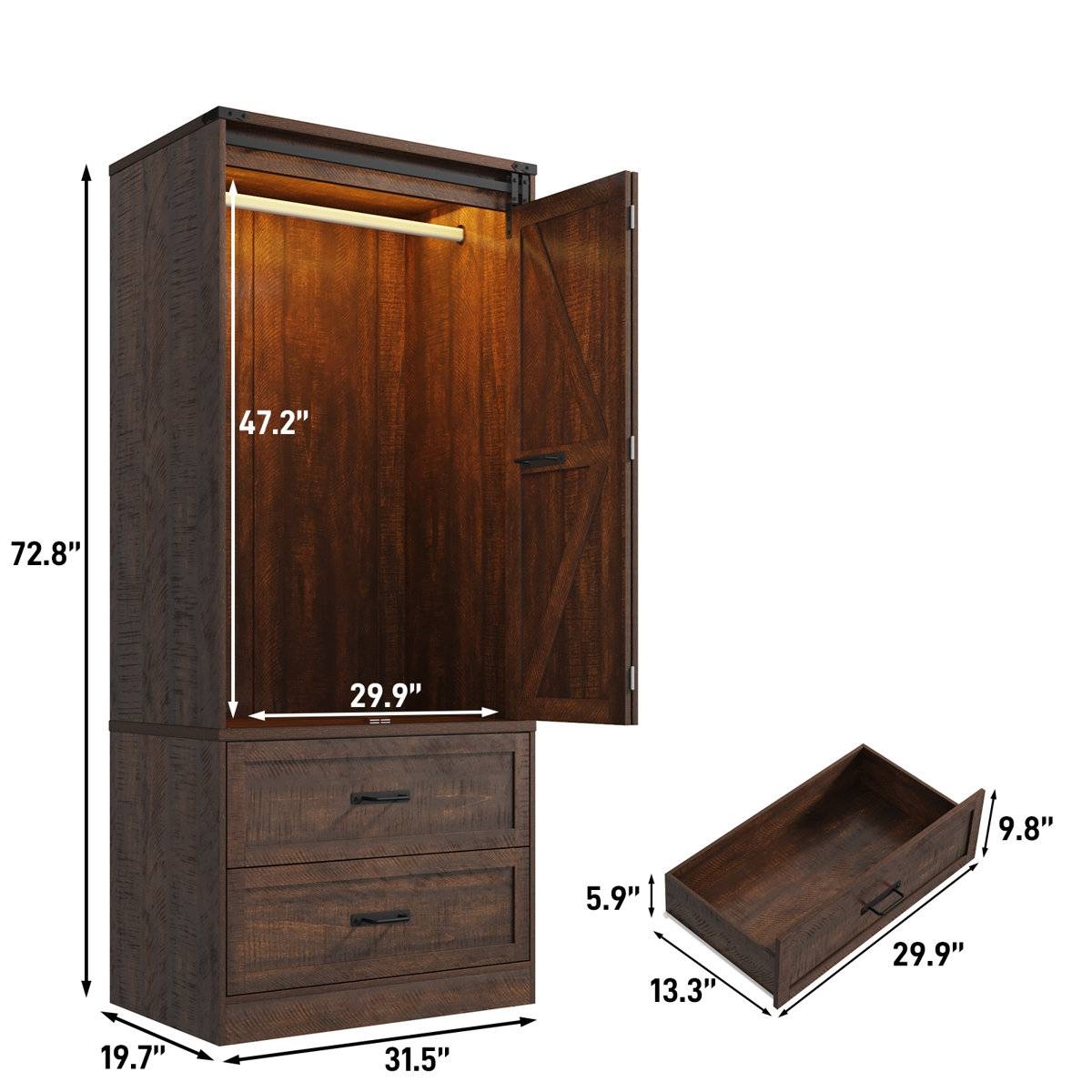 Espresso Brown Wood Farmhouse Armoire Wardrobe Closet with Sliding Barn Doors thumbnail 5