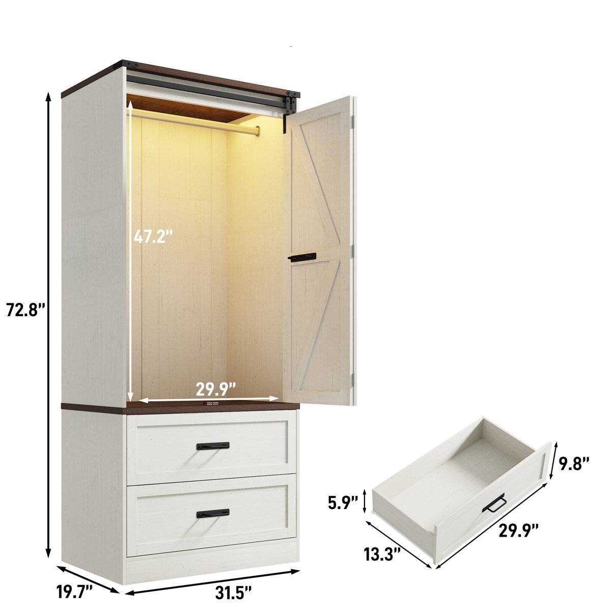 White Farmhouse Armoire Wardrobe Closet with Sliding Barn Doors thumbnail 5