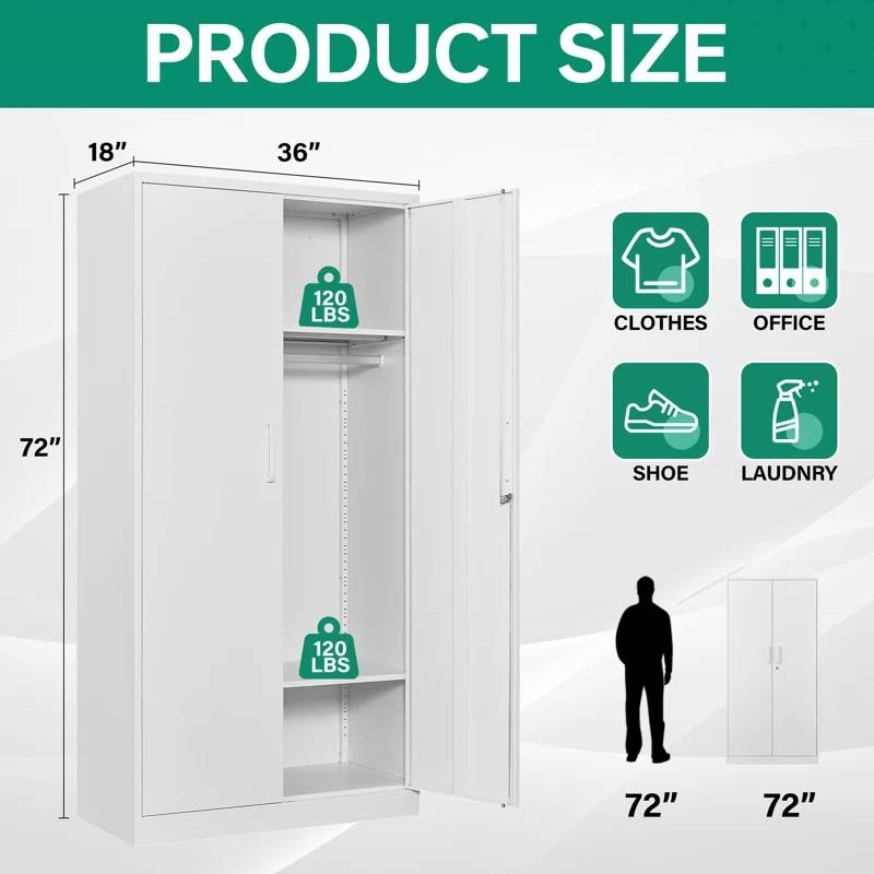 White 2-Door Wardrobe Armoire Cabinet with Storage Drawer and Hanging Rod thumbnail 5