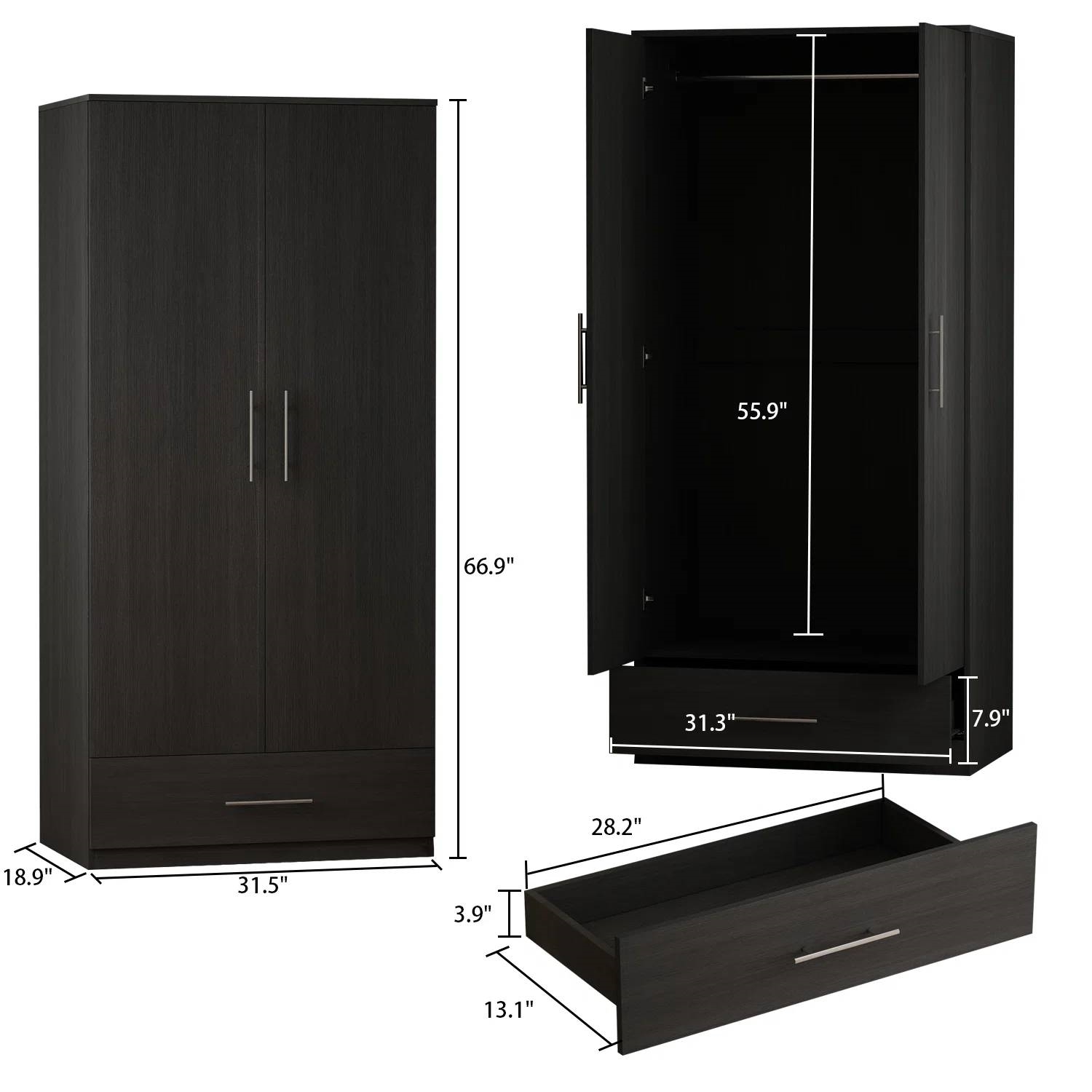 Modern Armoire Wardrobe Closet Cabinet with Storage Drawer in Black Wood Finish thumbnail 5