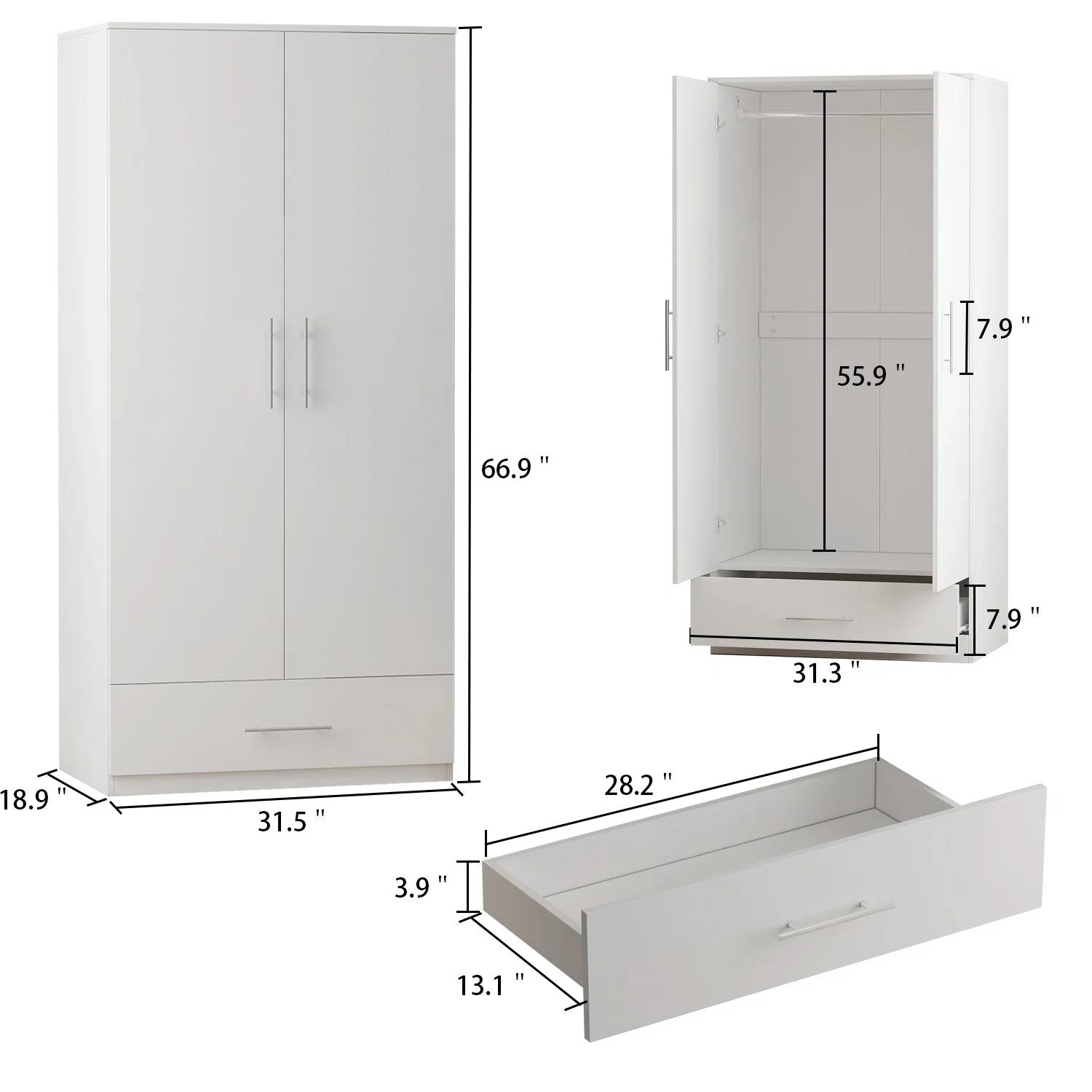 Modern Armoire Wardrobe Closet Cabinet with Storage Drawer in White Wood Finish thumbnail 5